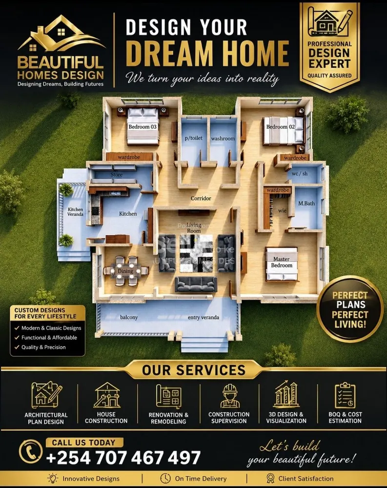 Three bedroom floor plan design. If interested with full architectural plan design call or WhatsApp  0707467497  