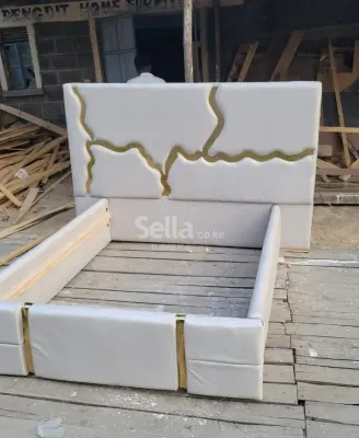 Modern White Bed Frame with Gold Trim - Queen Size