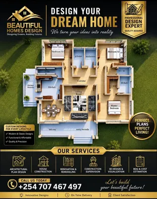 Three bedroom floor plan design. If interested with full architectural plan design call or WhatsApp  0707467497  