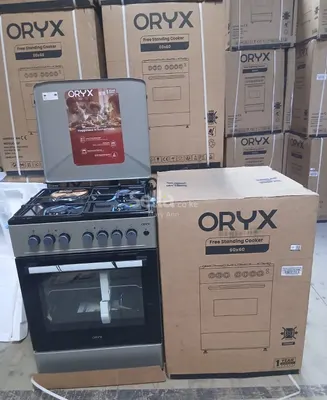 Mika ORYX Standing Cooker, 60cm x 60cm, 3 Gas Pool Jet Burners + 1 RAPID Hot Plate, Button Ignition, 4 Function Electric Oven, Rotisserie, Full Black  